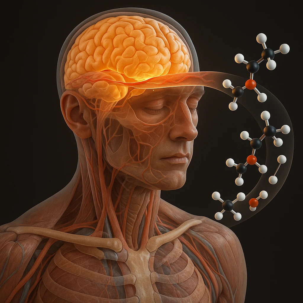 human body in 4K highlighting brain using ketone bodies as energy source, ketone molecules crossing the blood-brain barrier emoji