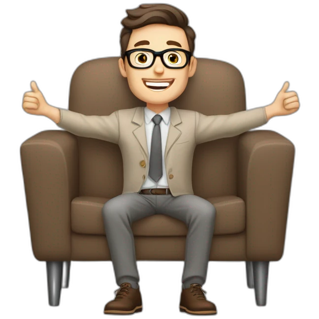 Joyful Celebrating victory Hands up Pale skinned Fit Man With dark brown hair in gray jacket, beige office shirt, Brown pants and vintage glasses sitting In a soft chair emoji
