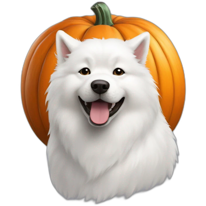 Samoyed in a pumpkin with bat behind emoji