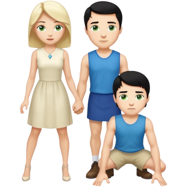 King, man, upright, black Hair, blue eyes, whole body, Woman, bending knees, blonde, green eyes, sleveless White Dress, emoji
