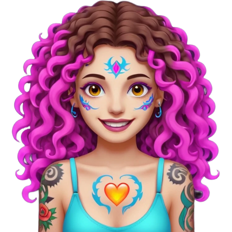 woman with long curly brown hair, brown eyes, white skin, tattoos, fake innocent smile with chaotic neon aura emoji