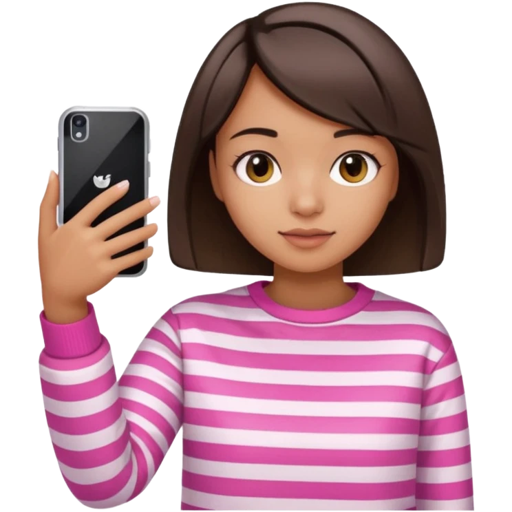 Emoji of a cute 3D girl with short dark brown bob hairstyle, wearing a pink and white striped sweatshirt. She is holding a phone and taking a selfie, white background.

 emoji