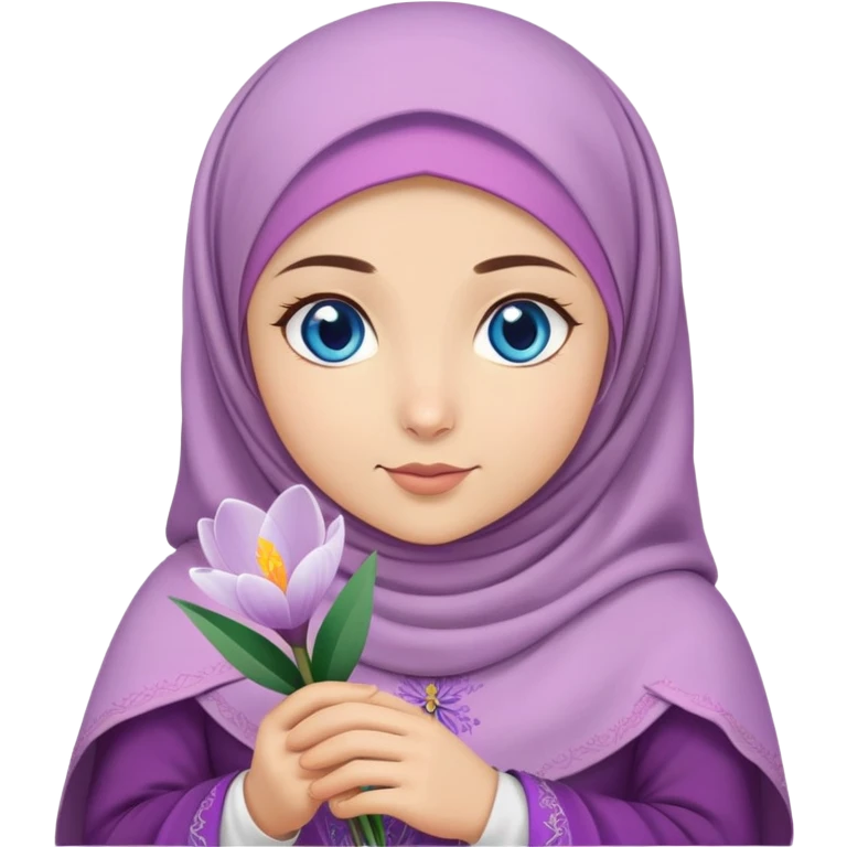 Turkish beautiful finish Konya girl blue eyes with crocus hijab and islamic dress and hold crocus flower on hand  emoji