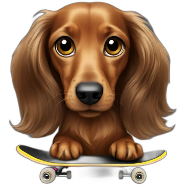 long haired Dachshund on a black skateboard emoji