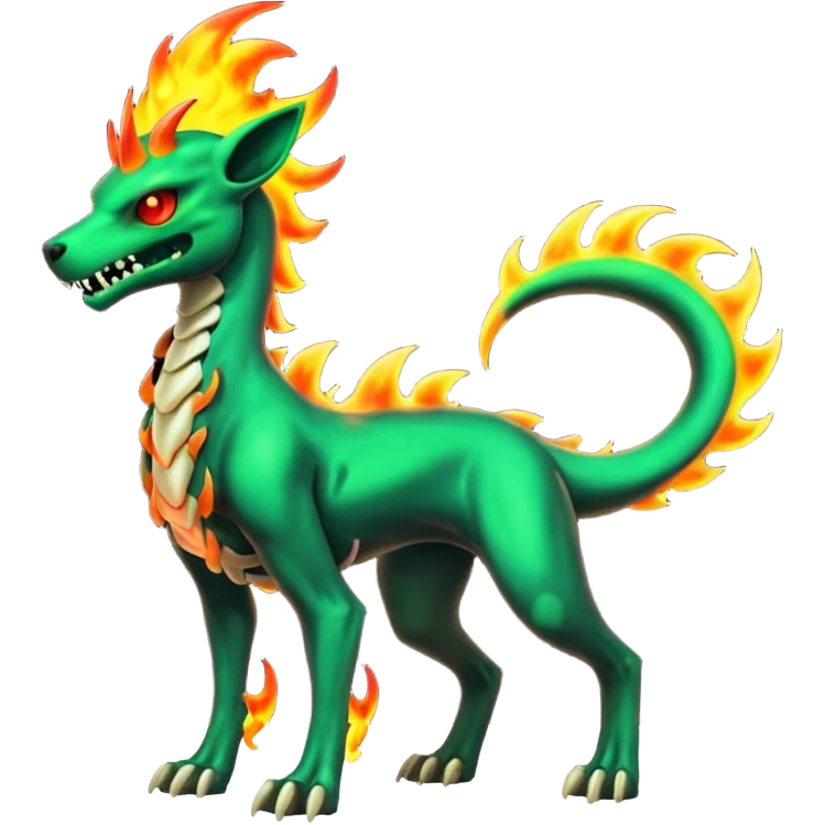 Badass neon-radioactive-green skeletal cool shiny Houndoom-Charmeleon-Fakémon-hybrid-creature (full body)  with flamey Mohawk  emoji