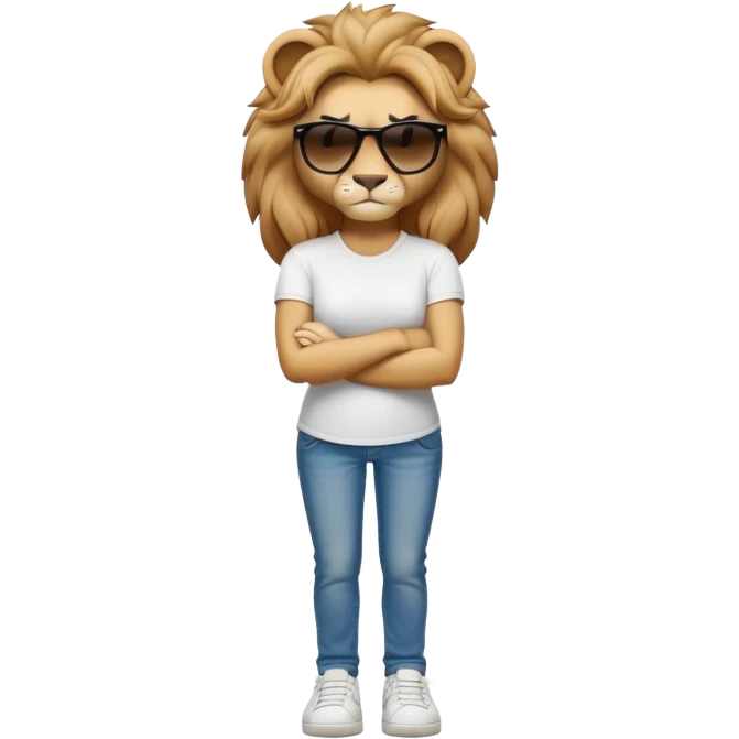 confident anthropomorphised female lion, full body, arms folded, wearing jeans, white t-shirt, dark sunglasses, trainers, looking determined emoji