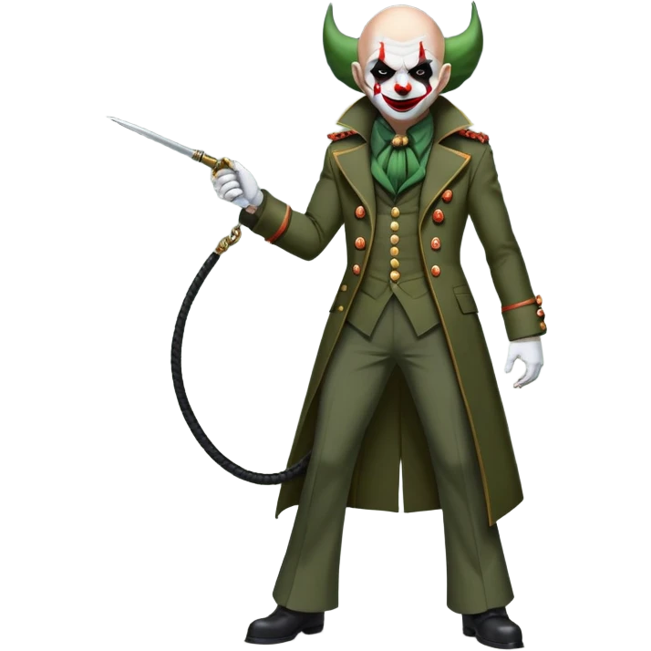 evil clown, bald, black horns on forehead, fangs, pointed ears, eye patch over one eye, long coat over black and military green leisure suit with bellbottom pants, tail, holding a different style of whip, realistically proportioned, less bulky, full body, battle-ready, fighting posture emoji