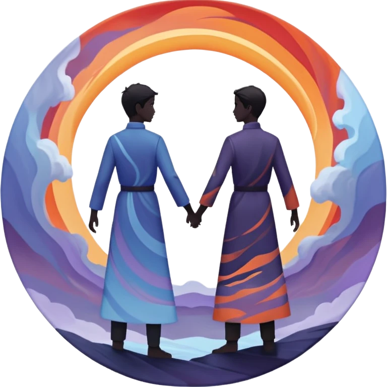 Center composition: Two silhouetted figures standing back-to-back or side-by-side in a circle of calm (soft blues, lavenders, white light)
Around them: Swirling storm energy—abstract shapes, wind lines, chaotic movement in reds, oranges, and dark grays emoji