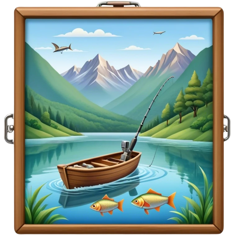Icon for Fishing Travel: a boat on a calm lake surrounded by mountains and lush greenery, with fish jumping out of the water, a fishing rod, tackle box. The icon should capture the peaceful and adventurous nature of fishing trips. Transparent background. emoji
