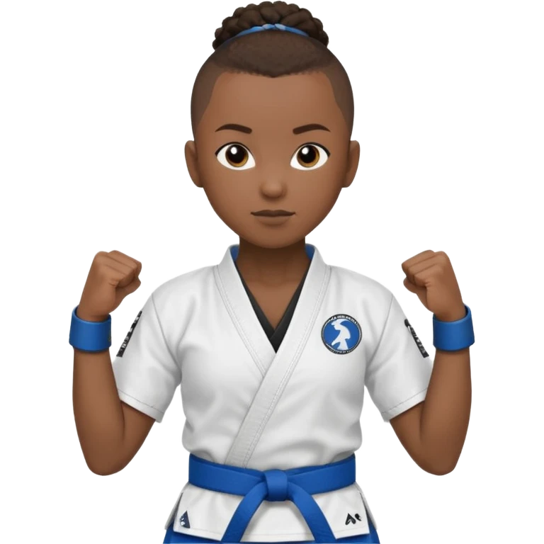 black karate instructor with pony tail afro hair and shaved bald sides haircut, Make the hair brown and the belt blue. Add the roger Gracie academy logo on the go also and the p logo of progress jiu jitsu on the right arm at the top emoji
