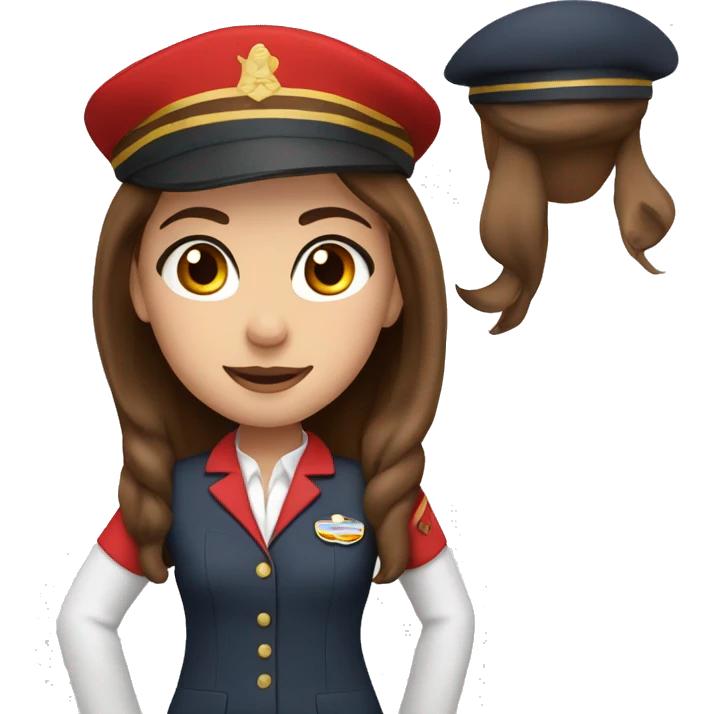 A white stewardess with long brown hair and brown eyes  in a red uniform and a red beret emoji