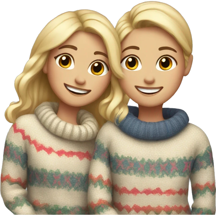smiling duo in cozy sweaters girl blonde hair  emoji