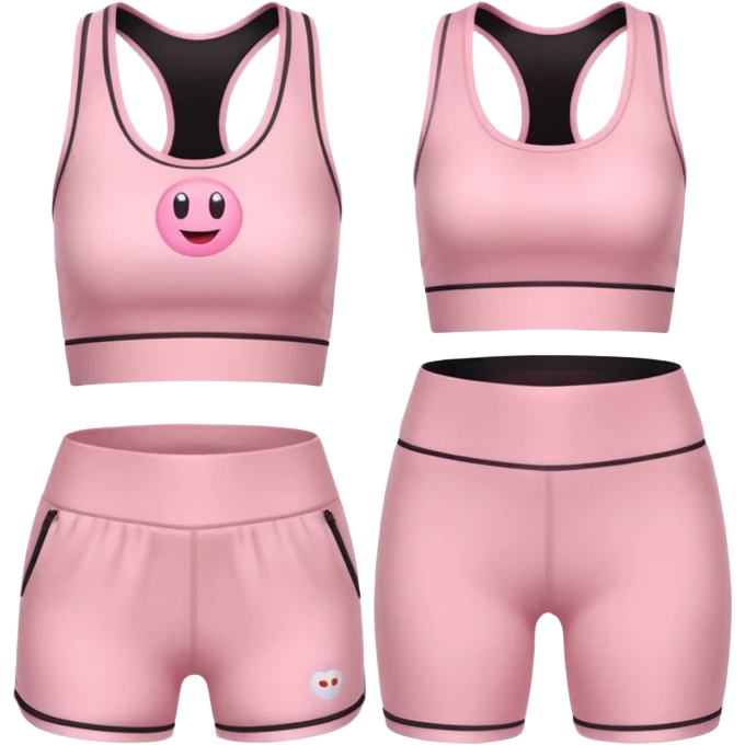trendy pastel pink yoga set emoji, sleeveless cropped top and high-waisted sporty shorts, soft flexible fabric emoji