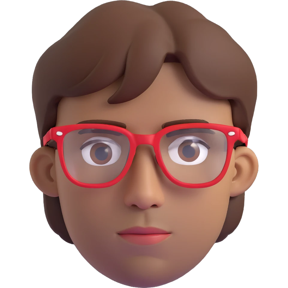 face of a man with a lot of brown hair and red glasses emoji