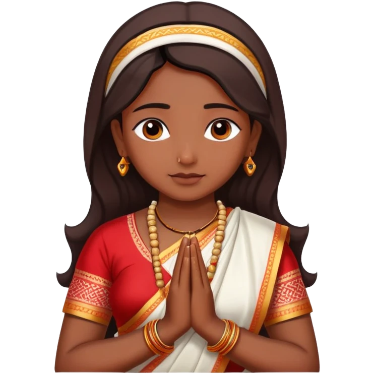 Bengali girl wearing traditional red and white saree with hands joined in prayer position emoji
