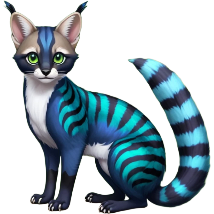 Colorful dark tropical cobalt-blue, black, white fur, with green eyes, iridescent glorious divine exotic cute cool beautiful shiny beautiful fantasy-caracal-civet-genet-sergal-vernid-Cacomistle-Furret-civet-oncilla-animal-Fakémon-hybrid-fursona with pattern markings (full body) emoji