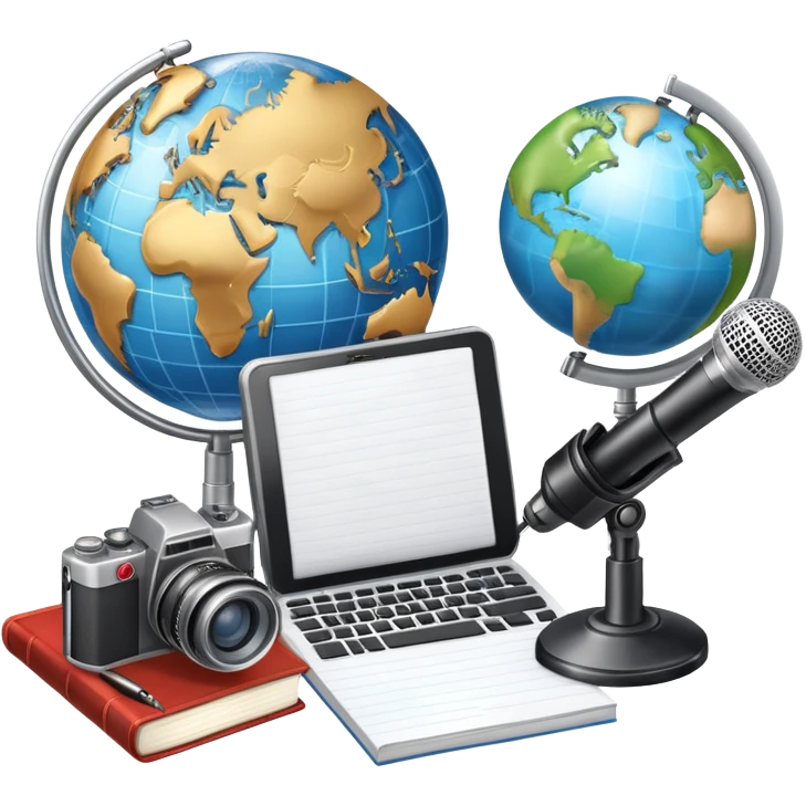 An icon showing a microphone, a notepad, and a camera, symbolizing journalism. The design includes a globe in the background, representing global news, and a breaking news banner for emphasis. Transparent background highlights the dynamic world of media and reporting. emoji