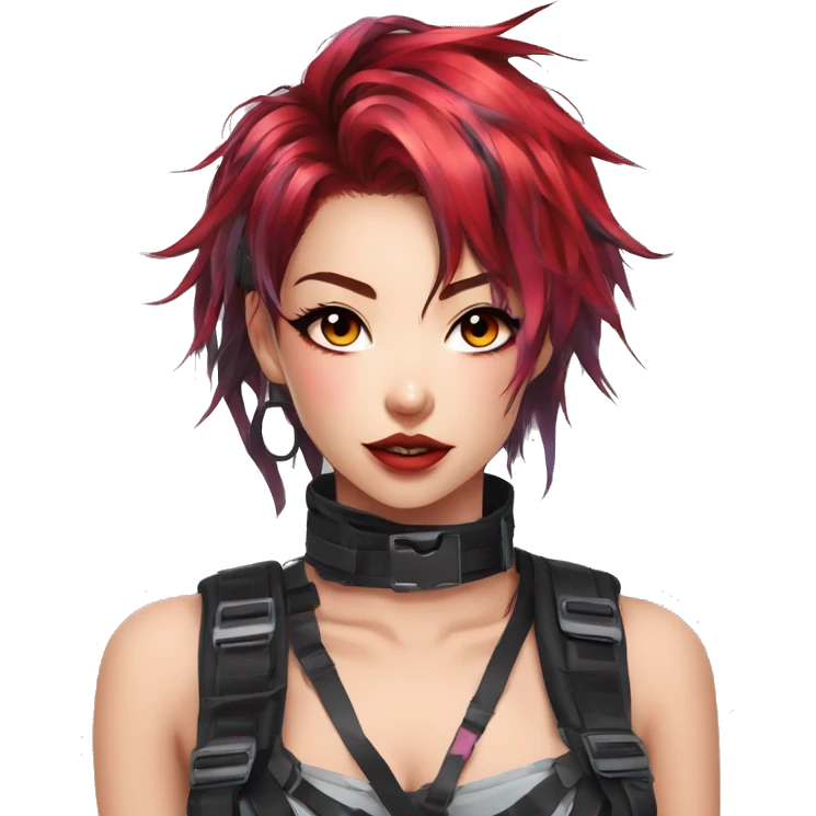 Gorgeous shiny colorful techwear anime style lady with blushing face aesthetic and pretty edgy black red punk messy hair with collar and harness trending style emoji