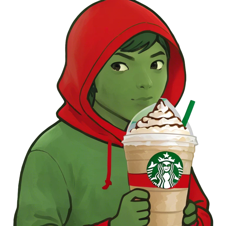 Japanese boy holding Frappuccino in Starbucks cup with a big red laccrose hooding on emoji