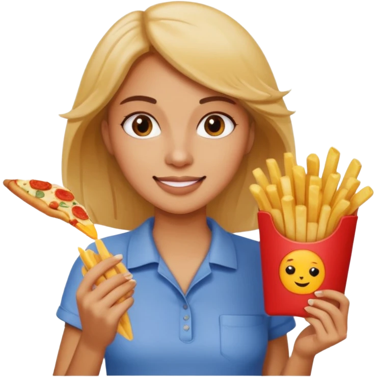 lean female holding fries on one hand and eating pizza on the other hand emoji