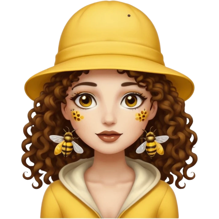 full body woman long curly brown hair brown eyes white skin tattoos wearing bee hat and pollen glow makeup emoji