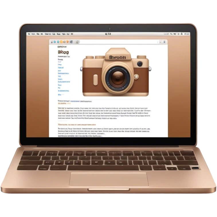 Create an emoji representing blogging. The design should feature an open laptop with a visible blog post on the screen, showing text. Add a photo or video camera to emphasize multimedia content. Do not include any emojis or smiley faces. Make the background transparent. emoji