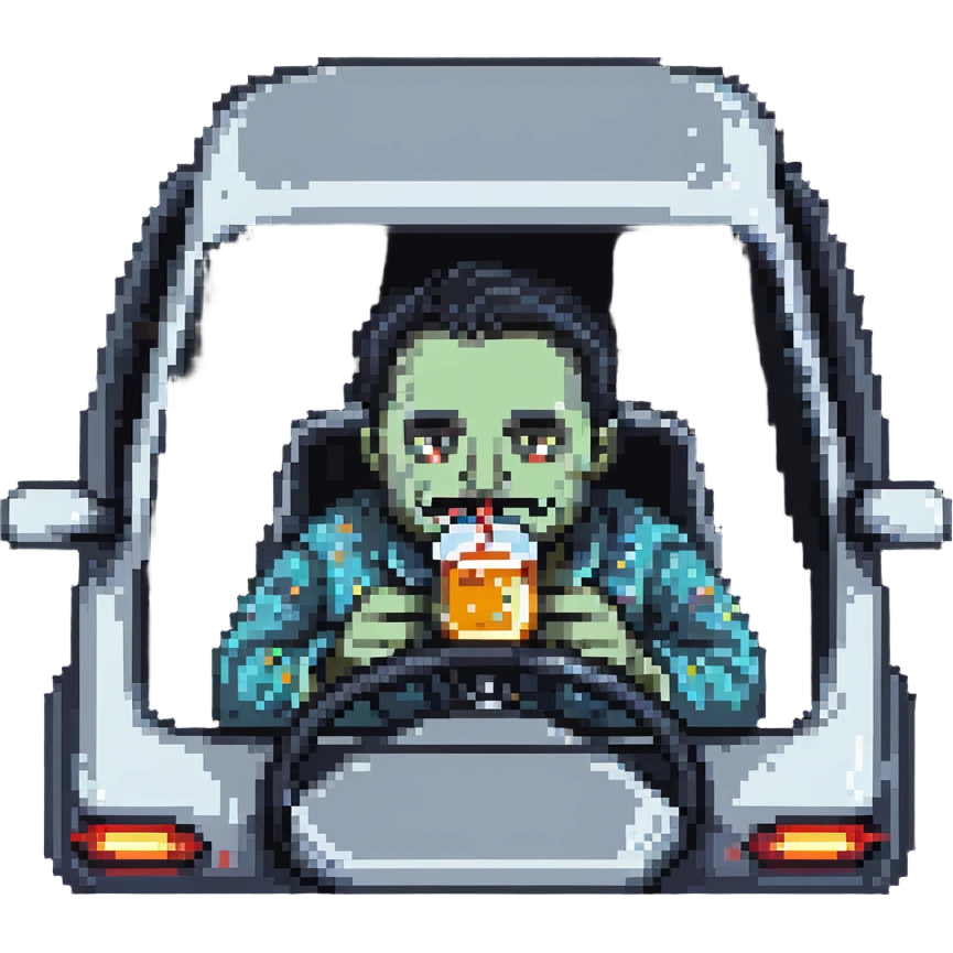 man drinking and driving with exaggerated features, cartoonish, pixel art style emoji