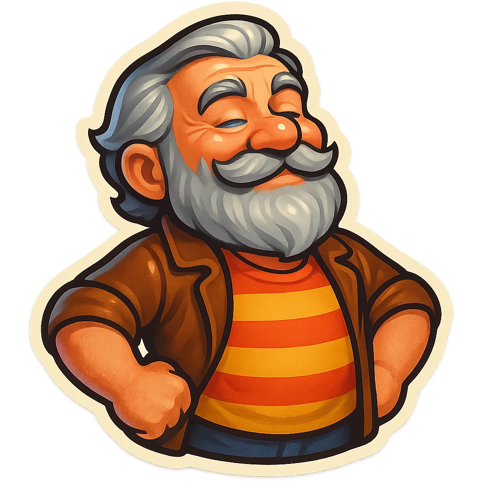 A dwarf with gray hair, a gray mustache, a gray beard, and gray eyebrows. He has blue eyes and wrinkles on his forehead. He is wearing a striped t-shirt and a brown jacket. The dwarf is displaying a pride emotion. emoji