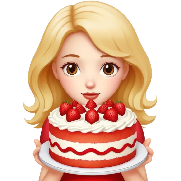 Beautiful girl holding a big strawberry cake in both hands emoji