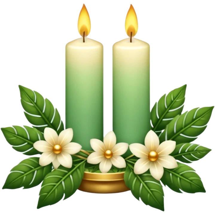 Aesthetic scenic romantic vintage styled beautiful gorgeous holy divine spiritual pretty elegant sparkly shiny scene of Candles, flowers, plants leaves, scenic aesthetic scenery emoji