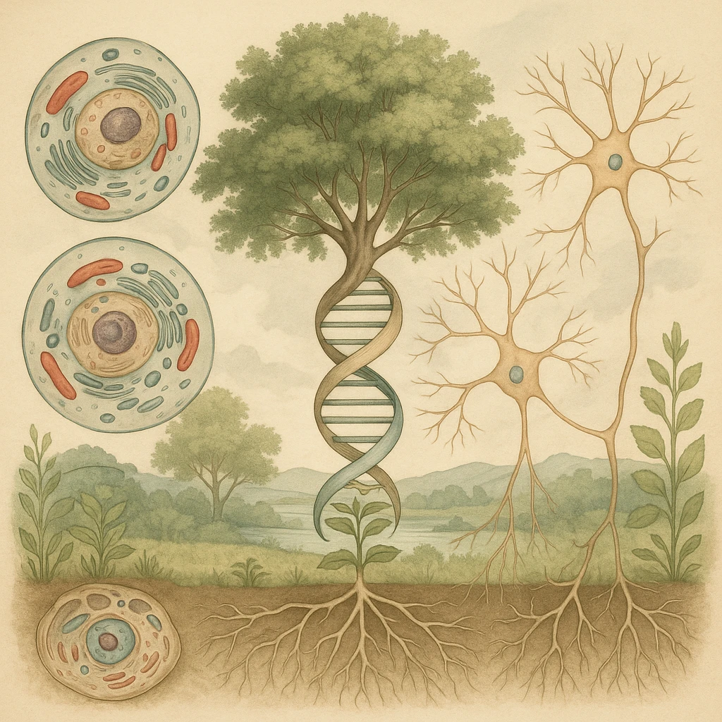 A realistic biological illustration showing: DNA strands transitioning into a tree, cells with visible organelles, neurons connected to plant roots  and a balanced ecosystem background . Seamless integration, no labels or borders. Scientific color scheme, detailed but minimalist. emoji
