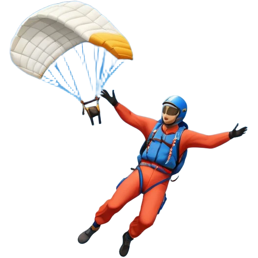 A base jumper soaring through the air, parachute deployed, flying off a steep mountain peak. The background is filled with majestic mountains, clear blue sky, and distant clouds, capturing the exhilarating thrill and beauty of extreme sports. emoji