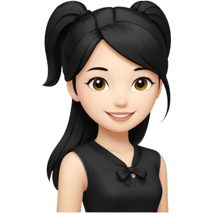 Juni – Cewe ramah  Kulit putih bersih, rambut hitam panjang sleek lurus, diikat half ponytail. Pakai peplum item .  tatapan percaya diri senyum. setengah badan emoji