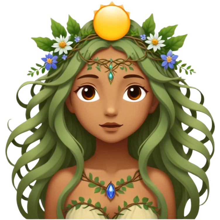 Cinematic Realistic Forest Nymph Fairy Portrait, depicted with lifelike, sun-kissed tanned skin that radiates an earthy glow, softly illuminated by natural, dappled light. Her long, flowing hair is intricately detailed and interwoven with delicate vines and wildflowers, while her deep, soulful eyes mirror the wisdom of the forest. Dressed in an attire inspired by nature’s palette—with subtle botanical motifs—the portrait exudes a soft, enchanted glow that melds realism with woodland magic. emoji
