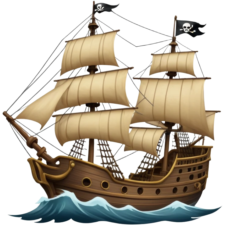 An icon representing an adventure game, inspired by high-seas exploration. The design features a fearless pirate gripping the wheel of a grand sailing ship, its tattered Jolly Roger flag billowing as it cuts through stormy waters. The scene evokes danger, treasure, and the thrill of the open sea. Transparent background. emoji