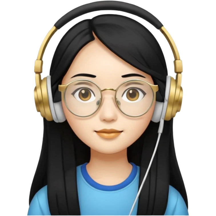 generate an asian female with long black hair, golden rim glasses, and a white headphones emoji