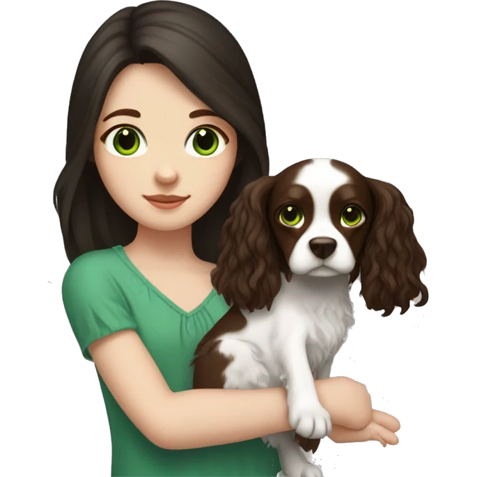 pale skin girl with green eyes with long dark brown hair that has a flower in her hair  holding a black and brown cavalier dog the dog also has a flower in its hair emoji