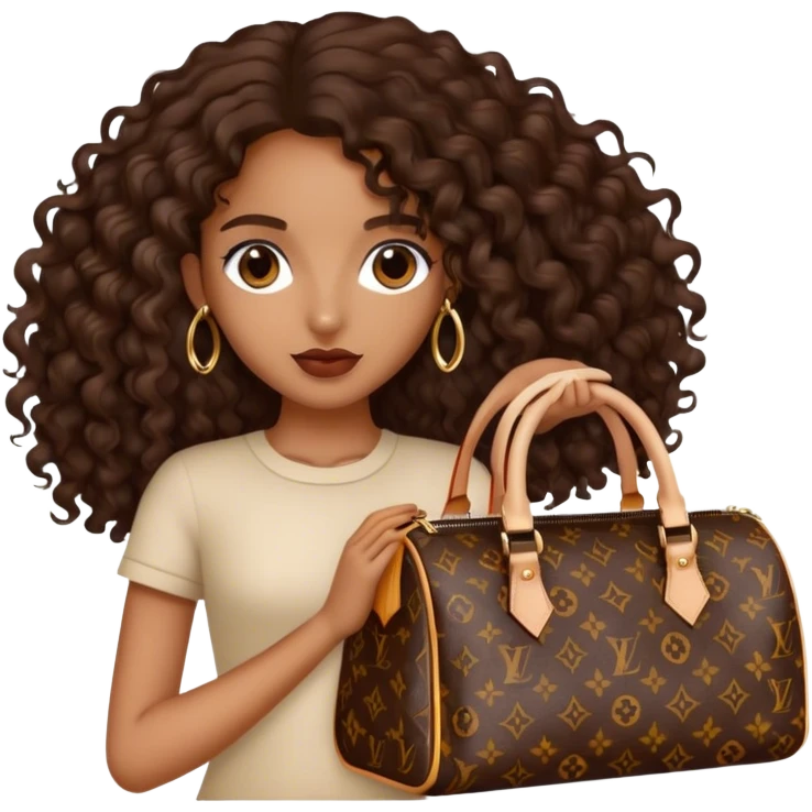 Brown girl with long dark brown long curly hair carrying a Louis Vuitton bag emoji