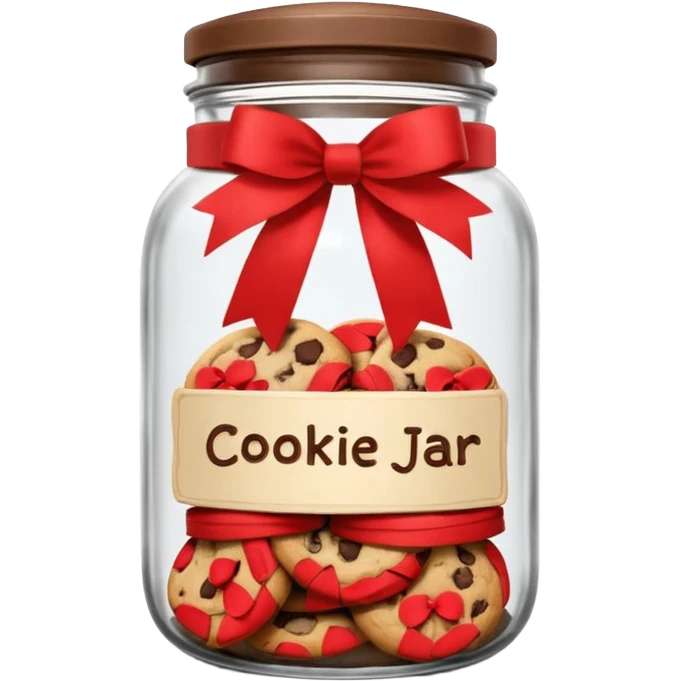 A chewy chocolate chip cozy cookie in an organized jar, saying "Cookie Jar" with some small illustrations on the jar to indicate there are cookies stored inside, a big red ribbonon the lid emoji