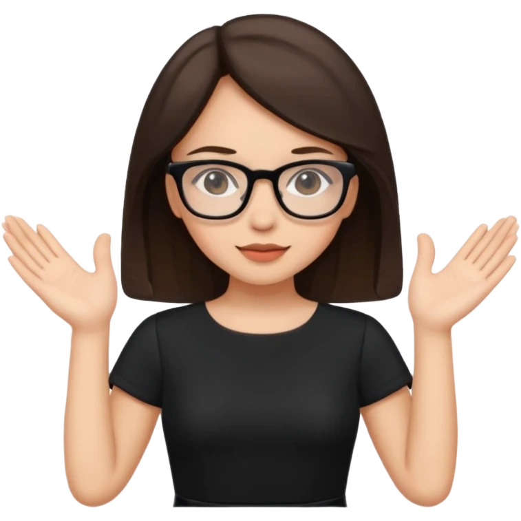 a cute brunette girl in a black dress wearing glasses  with two hands  emoji
