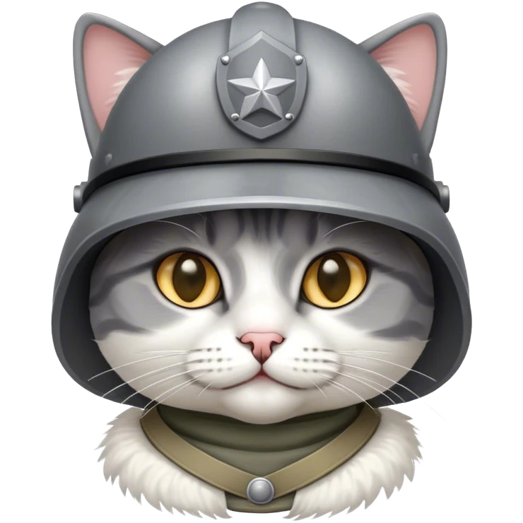 Gray and white cat with a soldier helmet emoji