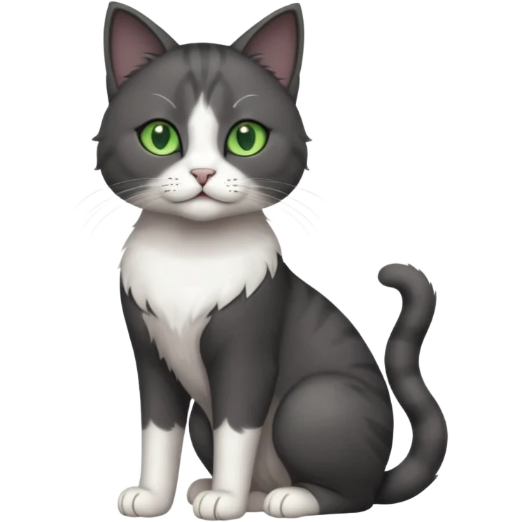 full body view of beautiful female solid dark grey cat with green eyes, white toes/paws and white patch on her chest emoji