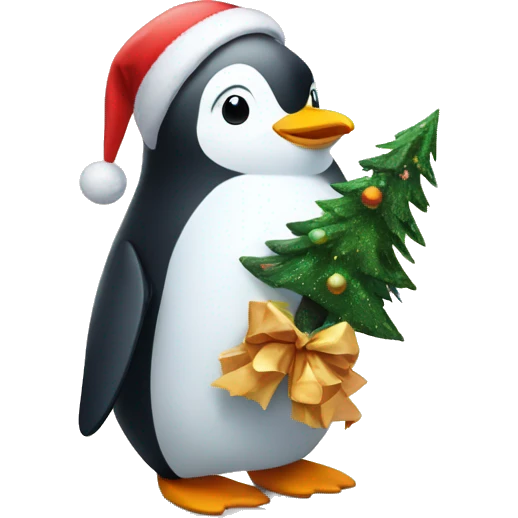 Penguin holding a christmas tree emoji
