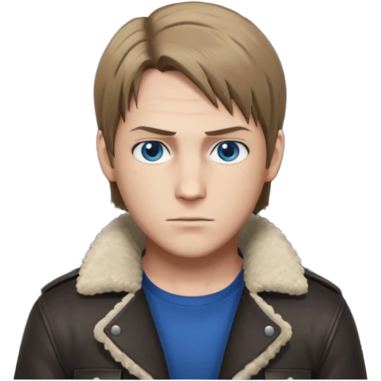 Leon Kennedy from resident evil 4 remake in sheepskin coat and black t-shirt blue eyes clean-shaved emoji