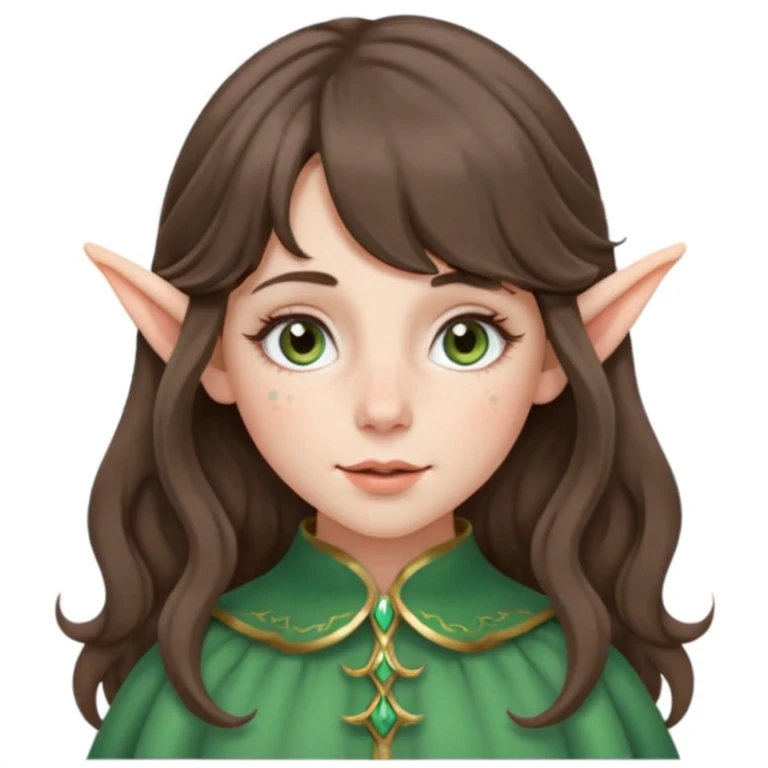 A young woman with medium length brunette wavy hair, with curtain bangs. Has pale ivory skin, rosy cheeks, and has freckles dusting the cheeks and nose. Has hazel green/gray eyes, and long elf ears. emoji
