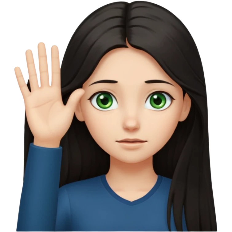 Animated girl dark long hair green eyes emoji holding right side of the head with her hand with duh facial expression , hand on top of her head emoji