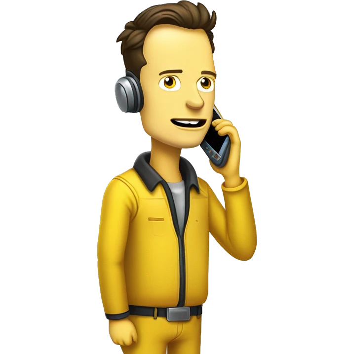 Elon musk in simpson style dressed as camrom yellow outfit making a phone call on a flip phon  emoji