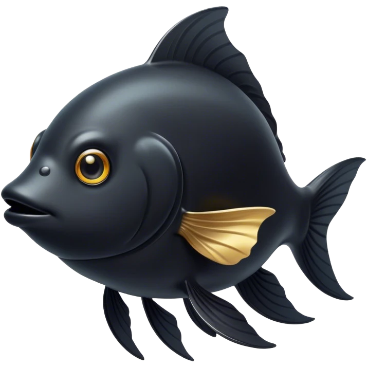 Cinematic Noble Black Goldfish Portrait Emoji, Poised and regal, with a sleek, streamlined build and a lustrous, deep black body, deep-set soulful golden eyes, Simplified yet sharp and sophisticated features, highly detailed, glowing with a soft, dignified glow, high shine, intelligent and graceful, stylized with an air of aquatic elegance, focused and attentive, soft glowing outline, capturing the essence of a watchful and confident aquatic companion, so majestic it feels as though it could glide out of the screen with effortless authority! emoji