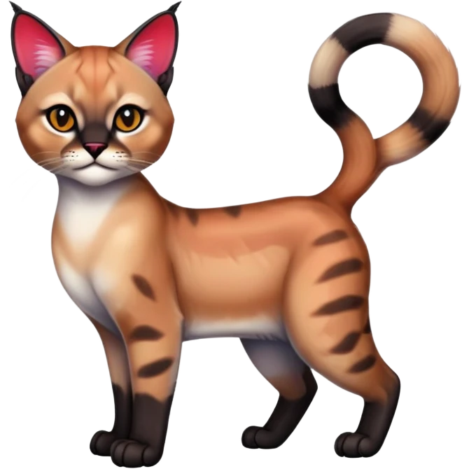 Colorful Neon exotic iridescent Red and black and edgy and cute tropical shiny Fantasy-Siamese-Bobcat-Caracal-Scottish-Fold-feline-Fakémon-feline-hybrid (full body) emoji