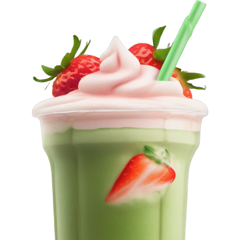 iced matcha latte with strawberry cream cold foam on top with a straw emoji